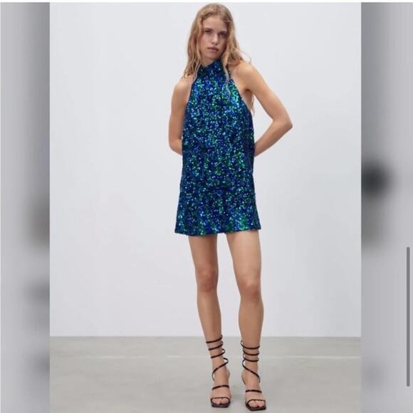 Zara Blue and Green SEQUIN HALTER DRESS - Picture 7 of 12